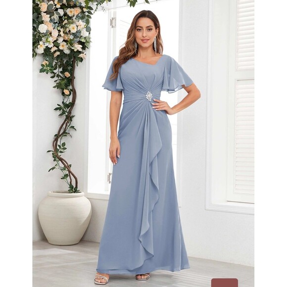 New Mother of the Bride (6) Dusty Blue Chiffon Flutter Sleeve Ruched Maxi Dress - Picture 12 of 14